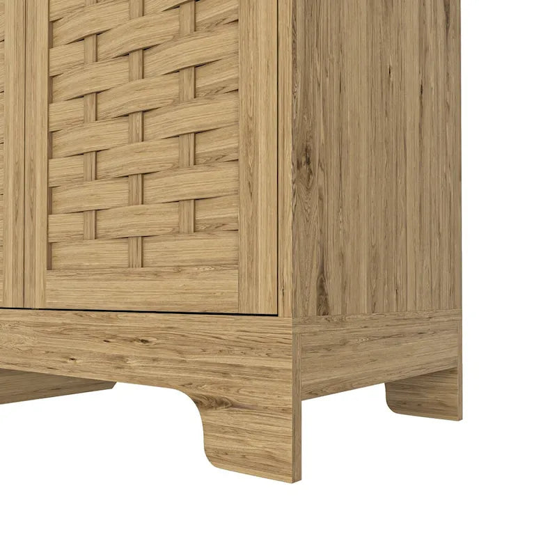 Meuble bas en bois tressé à 3 portes avec poignées dorées, style mid-century, MDF
