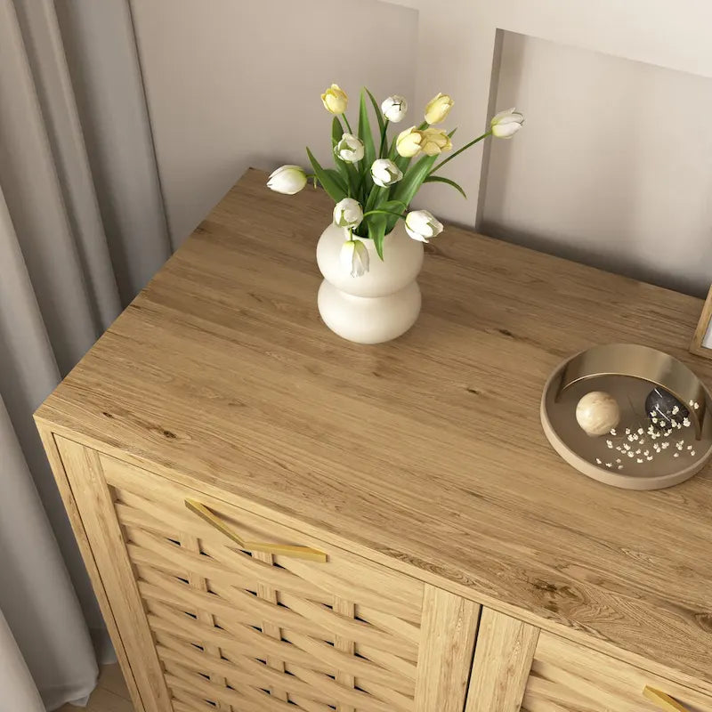 Meuble bas en bois tressé à 3 portes avec poignées dorées, style mid-century, MDF