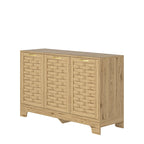 Meuble bas en bois tressé à 3 portes avec poignées dorées, style mid-century, MDF