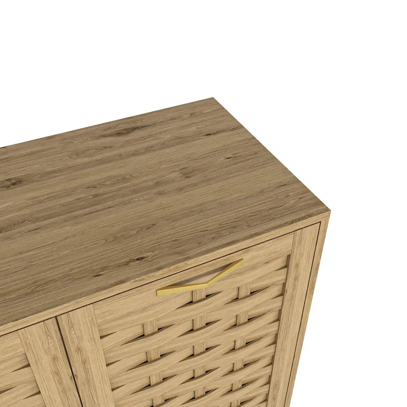 Meuble bas en bois tressé à 3 portes avec poignées dorées, style mid-century, MDF