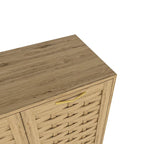 Meuble bas en bois tressé à 3 portes avec poignées dorées, style mid-century, MDF