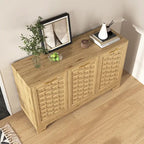 Meuble bas en bois tressé à 3 portes avec poignées dorées, style mid-century, MDF