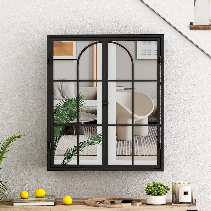 Armoire murale vintage à deux portes avec miroir, 3 niveaux de rangement, noire, 60 cm