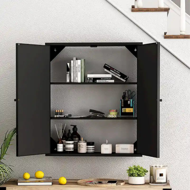 Armoire murale vintage à deux portes avec miroir, 3 niveaux de rangement, noire, 60 cm