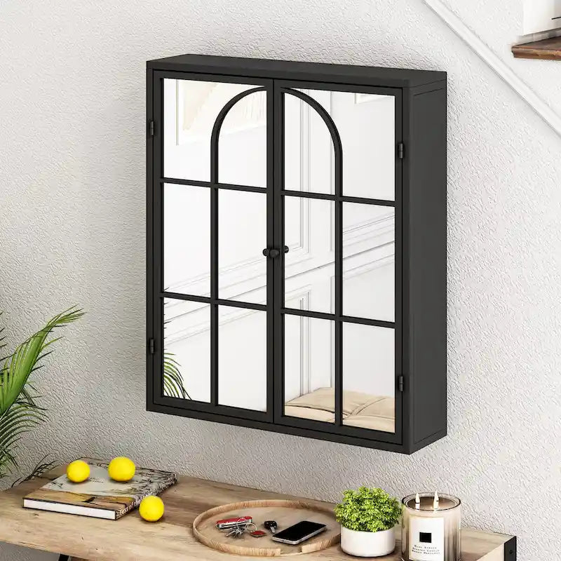 Armoire murale vintage à deux portes avec miroir, 3 niveaux de rangement, noire, 60 cm