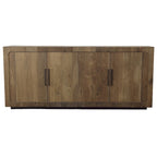 Bahut 4 portes en chêne massif avec incrustations en bois et poignées barres noires, 84,25L x 36,25H