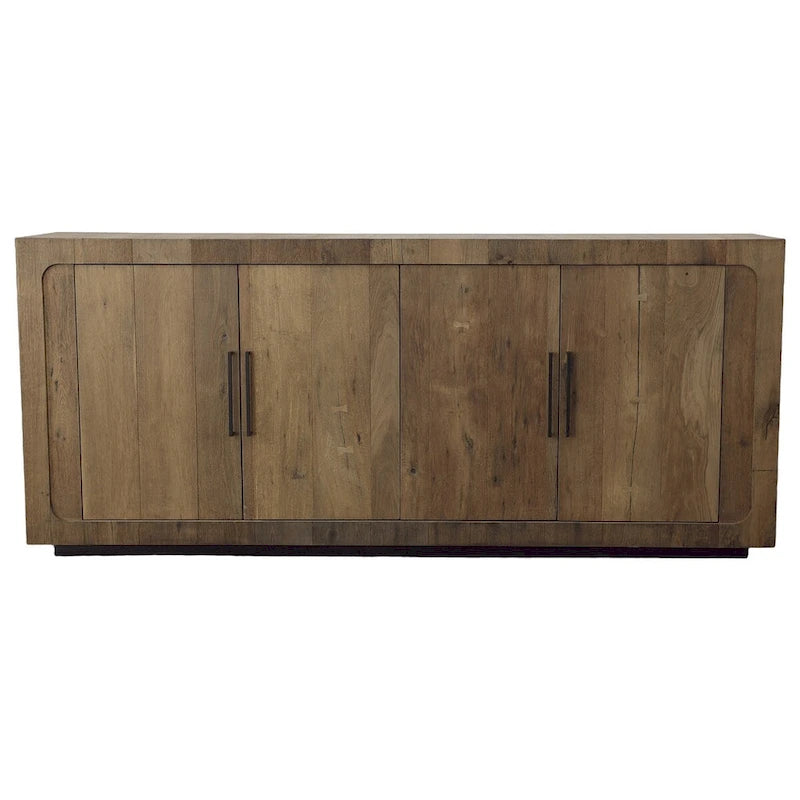 Bahut 4 portes en chêne massif avec incrustations en bois et poignées barres noires, 84,25L x 36,25H