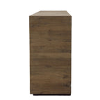 Bahut 4 portes en chêne massif avec incrustations en bois et poignées barres noires, 84,25L x 36,25H
