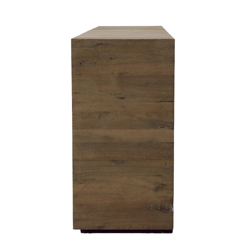 Bahut 4 portes en chêne massif avec incrustations en bois et poignées barres noires, 84,25L x 36,25H