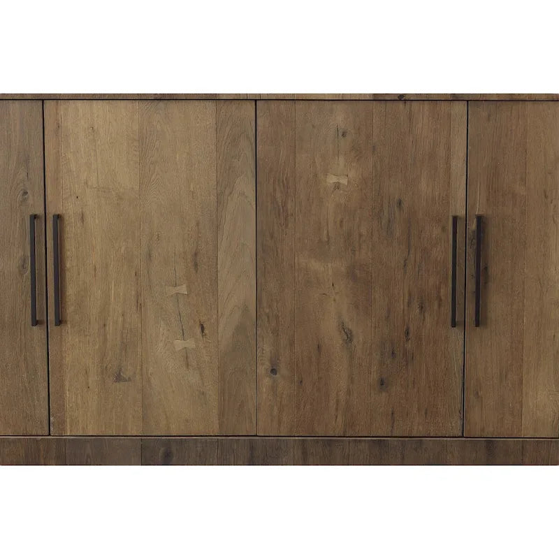 Bahut 4 portes en chêne massif avec incrustations en bois et poignées barres noires, 84,25L x 36,25H