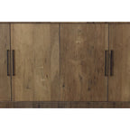Bahut 4 portes en chêne massif avec incrustations en bois et poignées barres noires, 84,25L x 36,25H