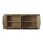 Bahut 4 portes en chêne massif avec incrustations en bois et poignées barres noires, 84,25L x 36,25H