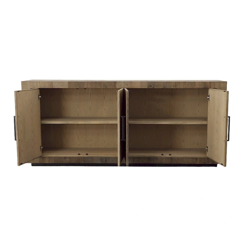 Bahut 4 portes en chêne massif avec incrustations en bois et poignées barres noires, 84,25L x 36,25H