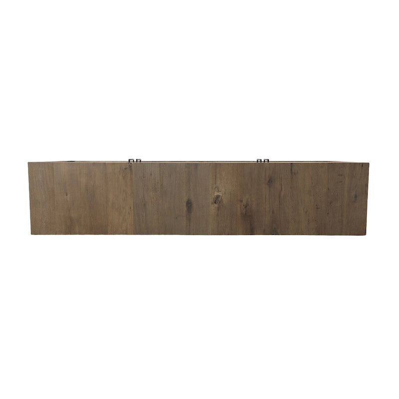 Bahut 4 portes en chêne massif avec incrustations en bois et poignées barres noires, 84,25L x 36,25H