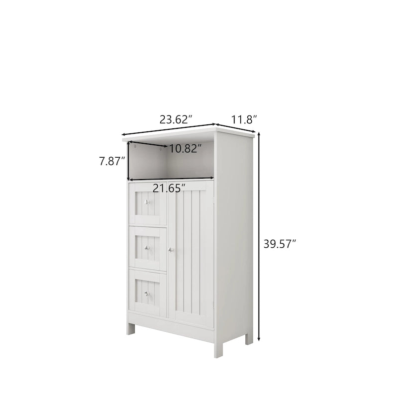 Meuble de rangement de salle de bain avec 3 tiroirs et une étagère à porte dissimulée, blanc