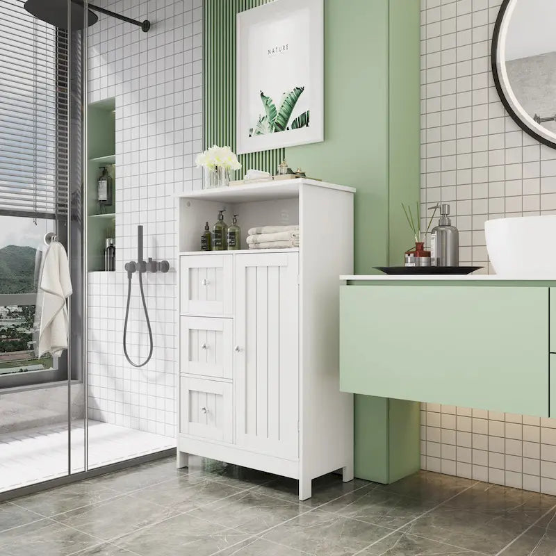 Meuble de rangement de salle de bain avec 3 tiroirs et une étagère à porte dissimulée, blanc