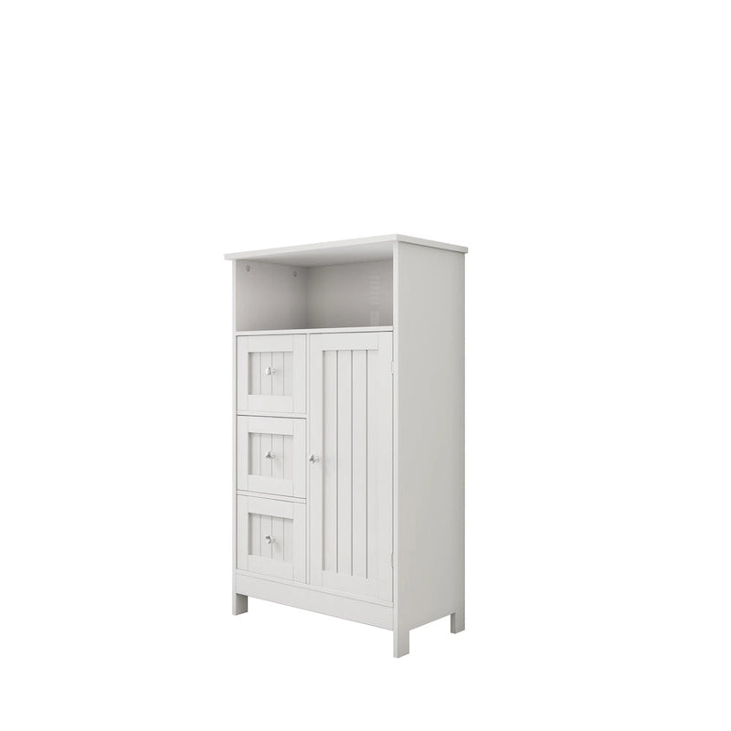 Meuble de rangement de salle de bain avec 3 tiroirs et une étagère à porte dissimulée, blanc