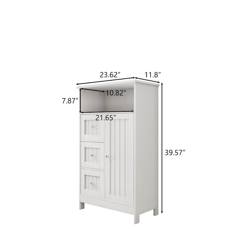 Meuble de rangement de salle de bain avec 3 tiroirs et une étagère à porte dissimulée, blanc