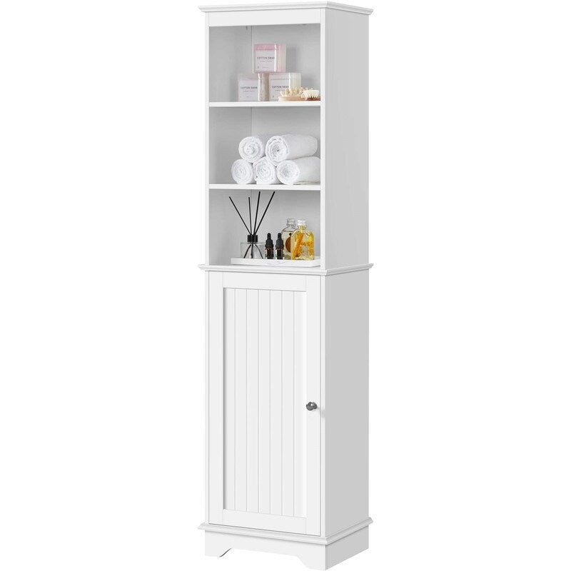 Meuble de rangement de salle de bain avec étagères ouvertes et armoire fermée, 40,6 cm L x 153,6 cm H, blanc