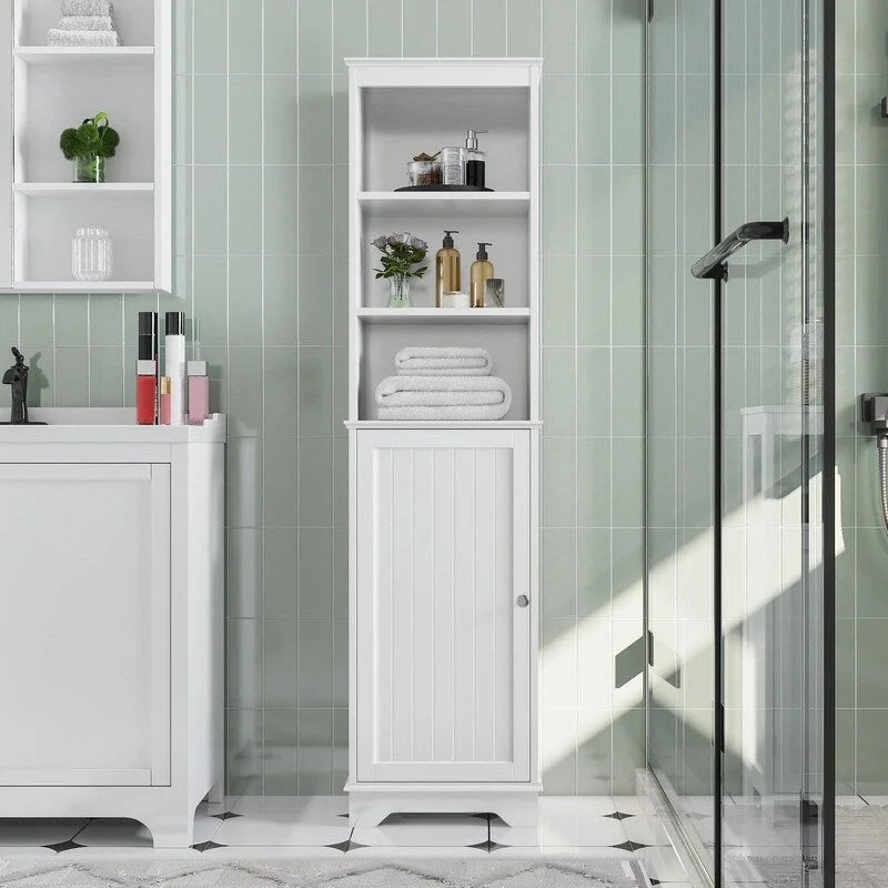 Meuble de rangement de salle de bain avec étagères ouvertes et armoire fermée, 40,6 cm L x 153,6 cm H, blanc
