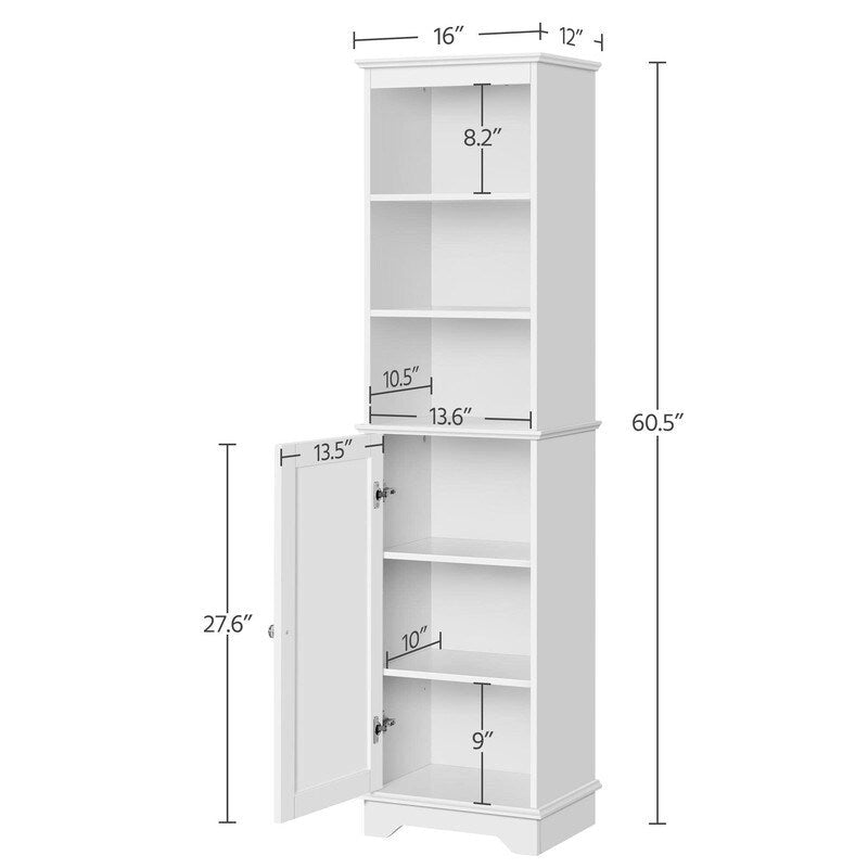 Meuble de rangement de salle de bain avec étagères ouvertes et armoire fermée, 40,6 cm L x 153,6 cm H, blanc