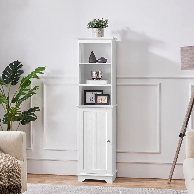 Meuble de rangement de salle de bain avec étagères ouvertes et armoire fermée, 40,6 cm L x 153,6 cm H, blanc