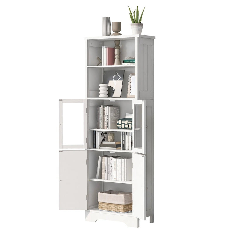 Armoire haute avec portes vitrées, étagères réglables et dispositif anti-basculement
