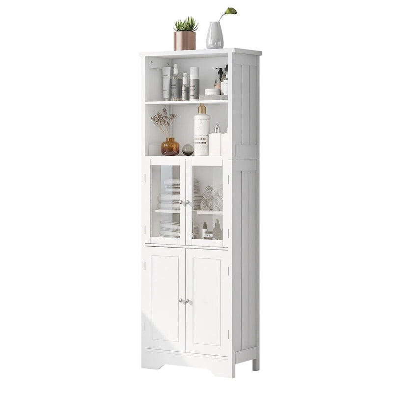 Armoire haute avec portes vitrées, étagères réglables et dispositif anti-basculement