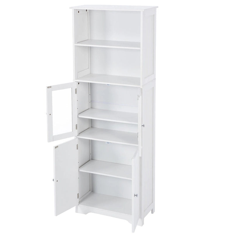 Armoire haute avec portes vitrées, étagères réglables et dispositif anti-basculement