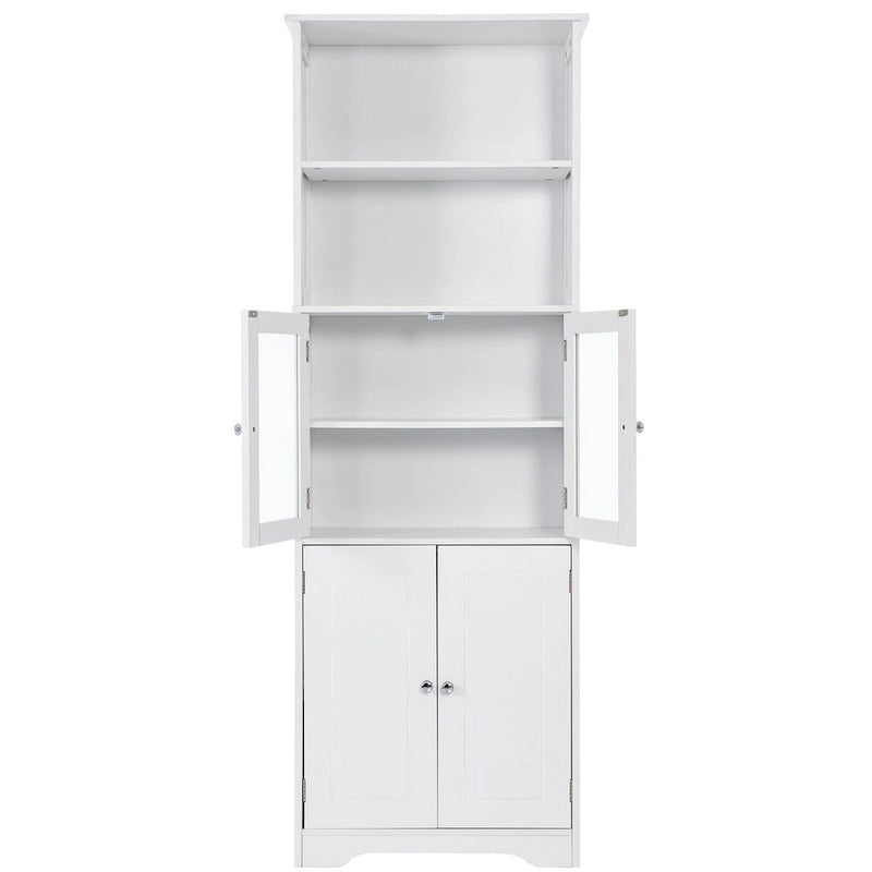 Armoire haute avec portes vitrées, étagères réglables et dispositif anti-basculement