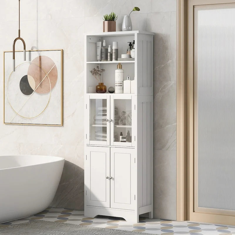 Armoire haute avec portes vitrées, étagères réglables et dispositif anti-basculement