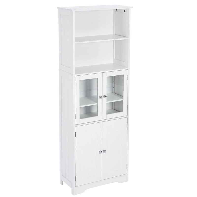 Armoire haute avec portes vitrées, étagères réglables et dispositif anti-basculement