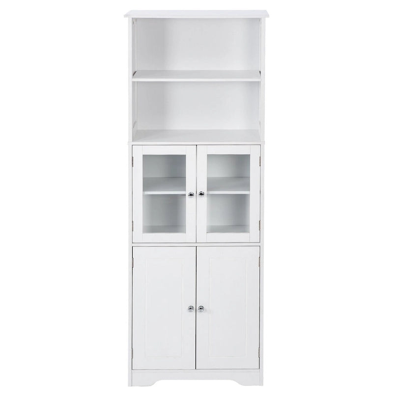 Armoire haute avec portes vitrées, étagères réglables et dispositif anti-basculement