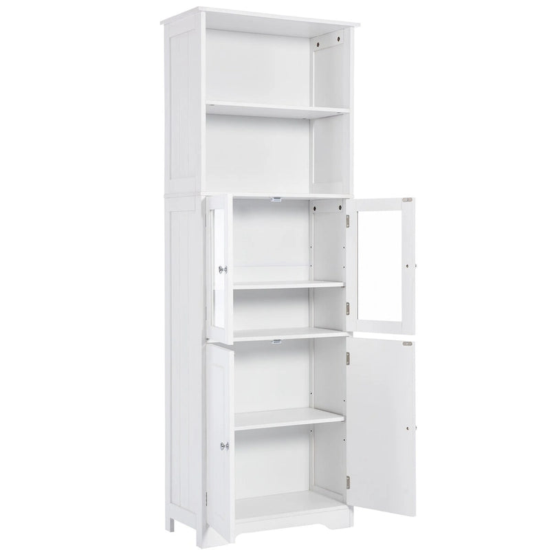 Armoire haute avec portes vitrées, étagères réglables et dispositif anti-basculement
