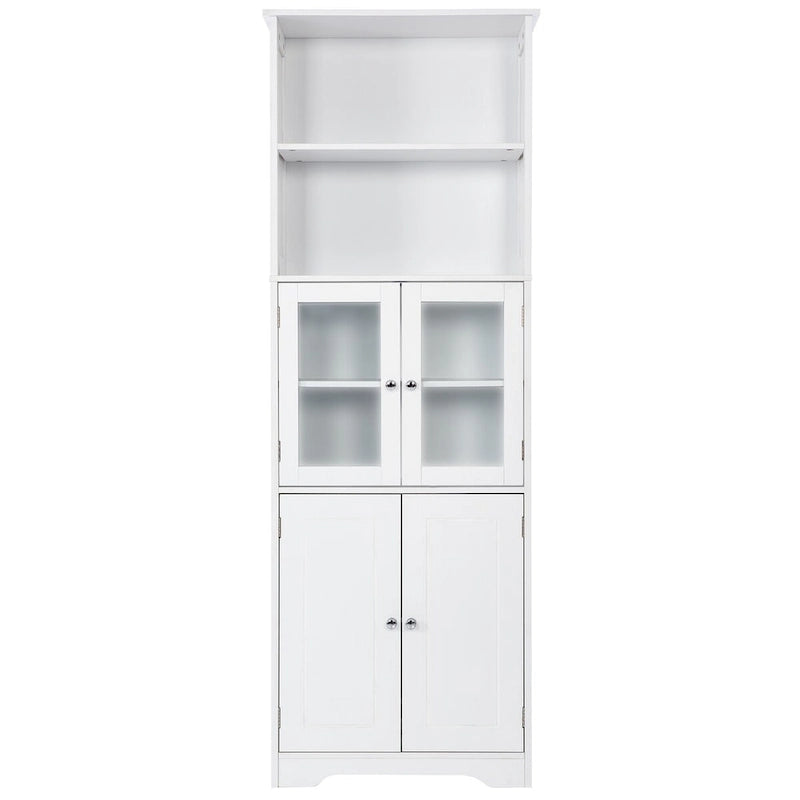 Armoire haute avec portes vitrées, étagères réglables et dispositif anti-basculement