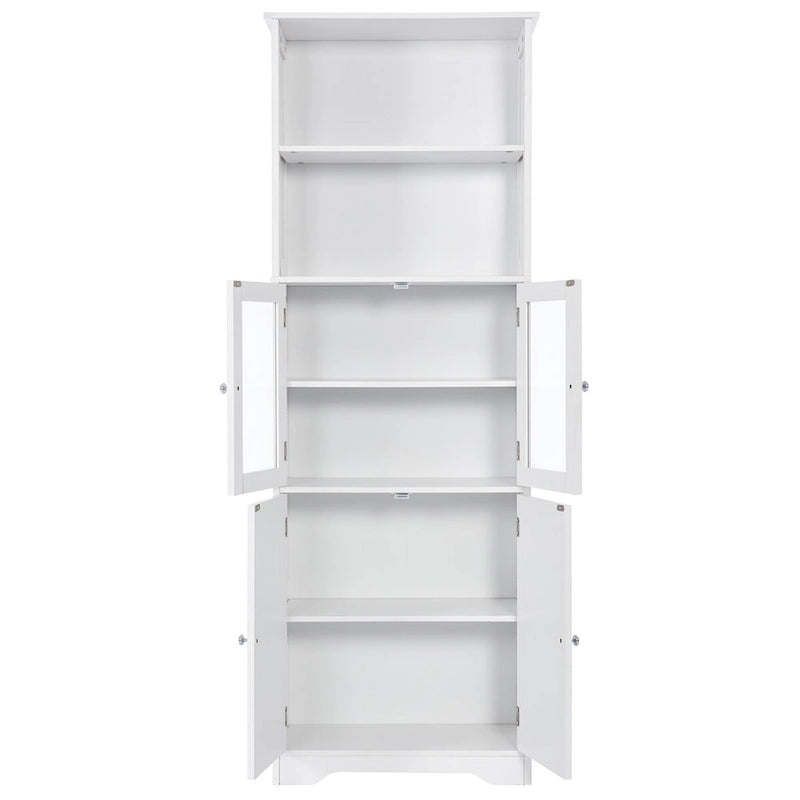 Armoire haute avec portes vitrées, étagères réglables et dispositif anti-basculement