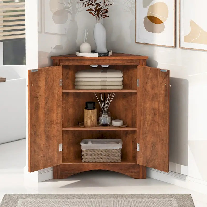 Meuble de Rangement d'Angle pour Salle de Bain avec Étagères Réglables, MDF, Marron