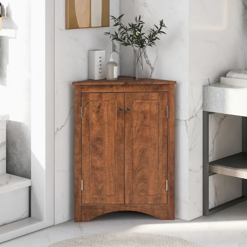 Meuble de Rangement d'Angle pour Salle de Bain avec Étagères Réglables, MDF, Marron