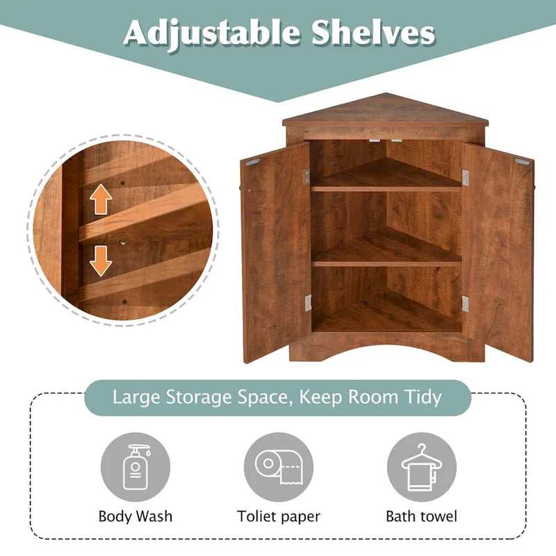 Meuble de Rangement d'Angle pour Salle de Bain avec Étagères Réglables, MDF, Marron