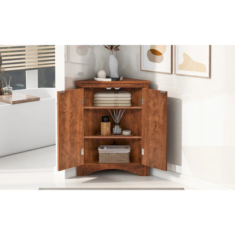 Meuble de Rangement d'Angle pour Salle de Bain avec Étagères Réglables, MDF, Marron