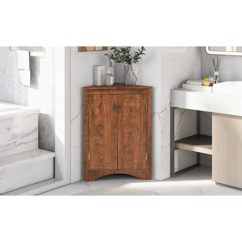 Meuble de Rangement d'Angle pour Salle de Bain avec Étagères Réglables, MDF, Marron
