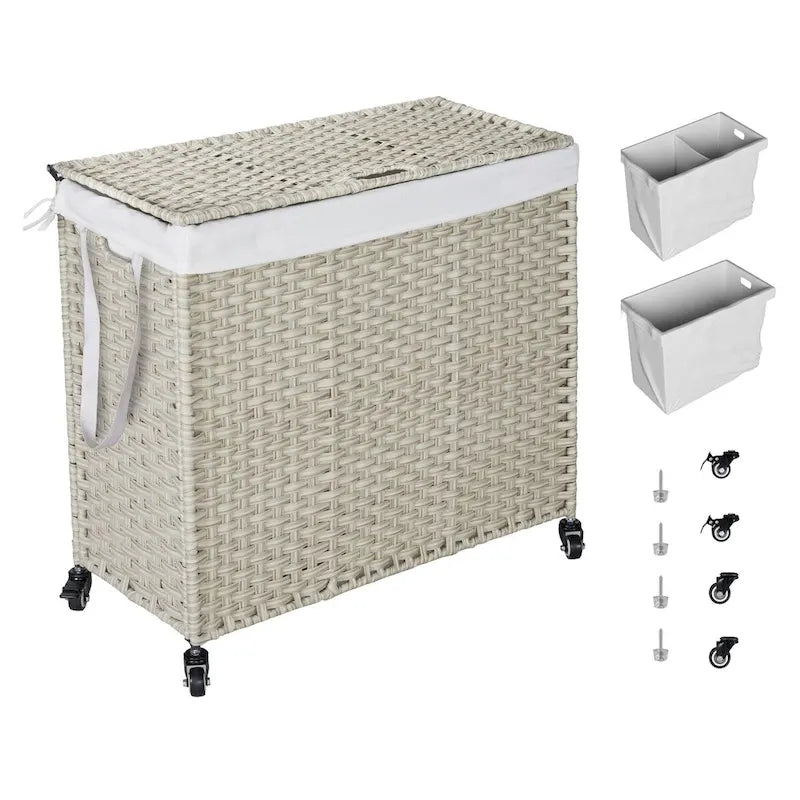 Panier à linge gris 160L avec couvercle, roulettes et 2 sacs amovibles, cadre en rotin PE