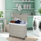 Panier à linge gris 160L avec couvercle, roulettes et 2 sacs amovibles, cadre en rotin PE