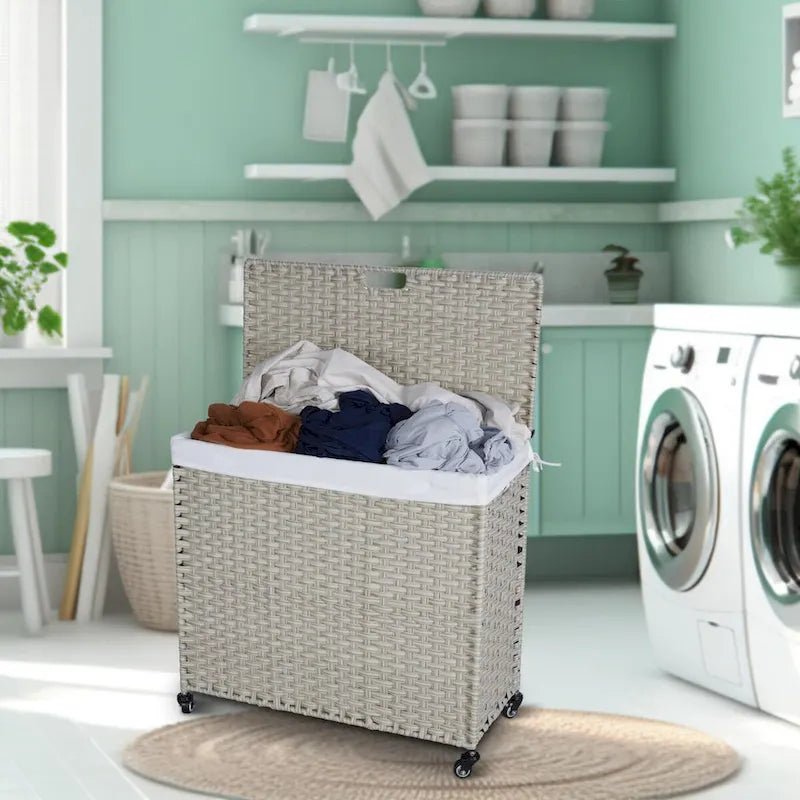 Panier à linge gris 160L avec couvercle, roulettes et 2 sacs amovibles, cadre en rotin PE