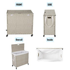 Panier à linge gris 160L avec couvercle, roulettes et 2 sacs amovibles, cadre en rotin PE