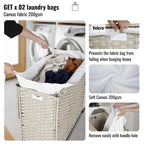 Panier à linge gris 160L avec couvercle, roulettes et 2 sacs amovibles, cadre en rotin PE