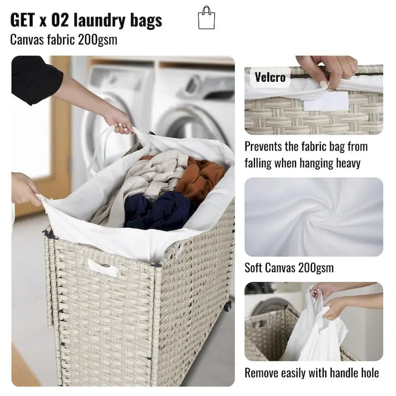 Panier à linge gris 160L avec couvercle, roulettes et 2 sacs amovibles, cadre en rotin PE