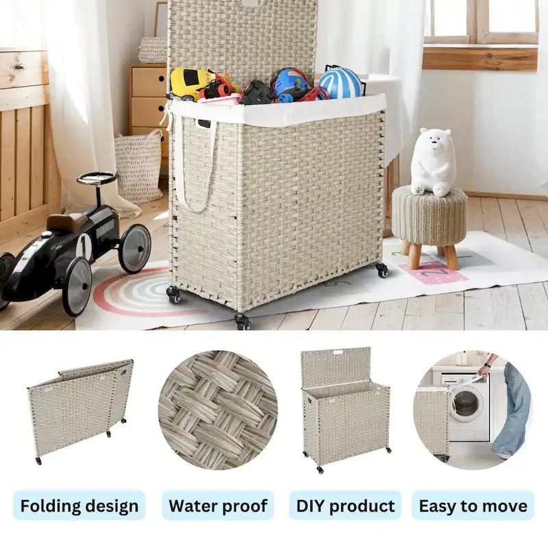 Panier à linge gris 160L avec couvercle, roulettes et 2 sacs amovibles, cadre en rotin PE