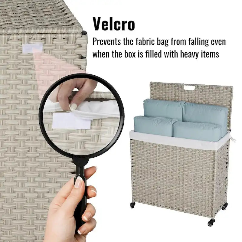 Panier à linge gris 160L avec couvercle, roulettes et 2 sacs amovibles, cadre en rotin PE