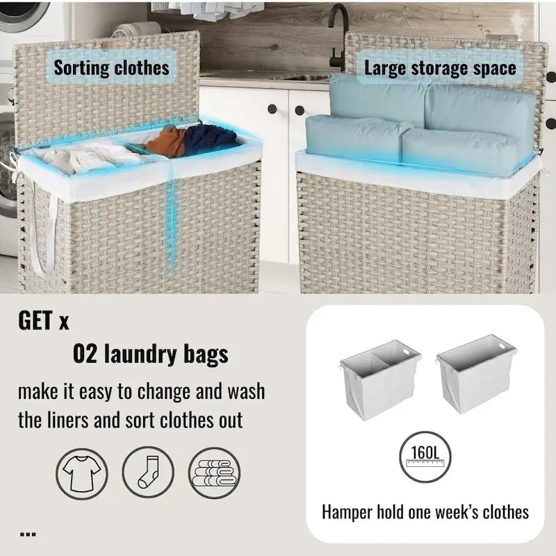 Panier à linge gris 160L avec couvercle, roulettes et 2 sacs amovibles, cadre en rotin PE